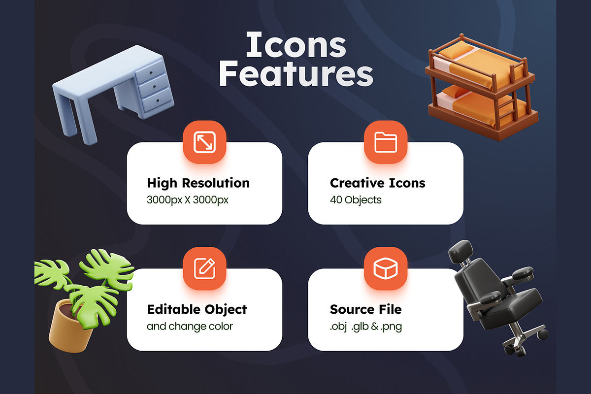 Furniture & Electronics 3D Icons, a Furniture 3D Model by Rakata Studio (Photo 2 of 7)
