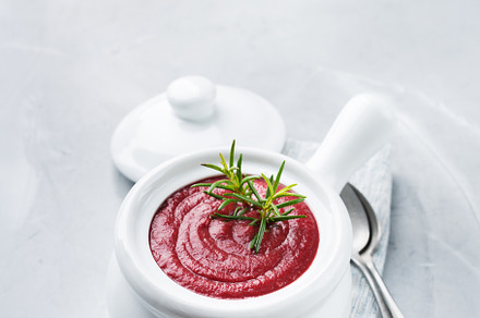 Seasonal fall autumn creamy beetroot soup on a table, a Food & Drink Photo by Antonina Vlasova