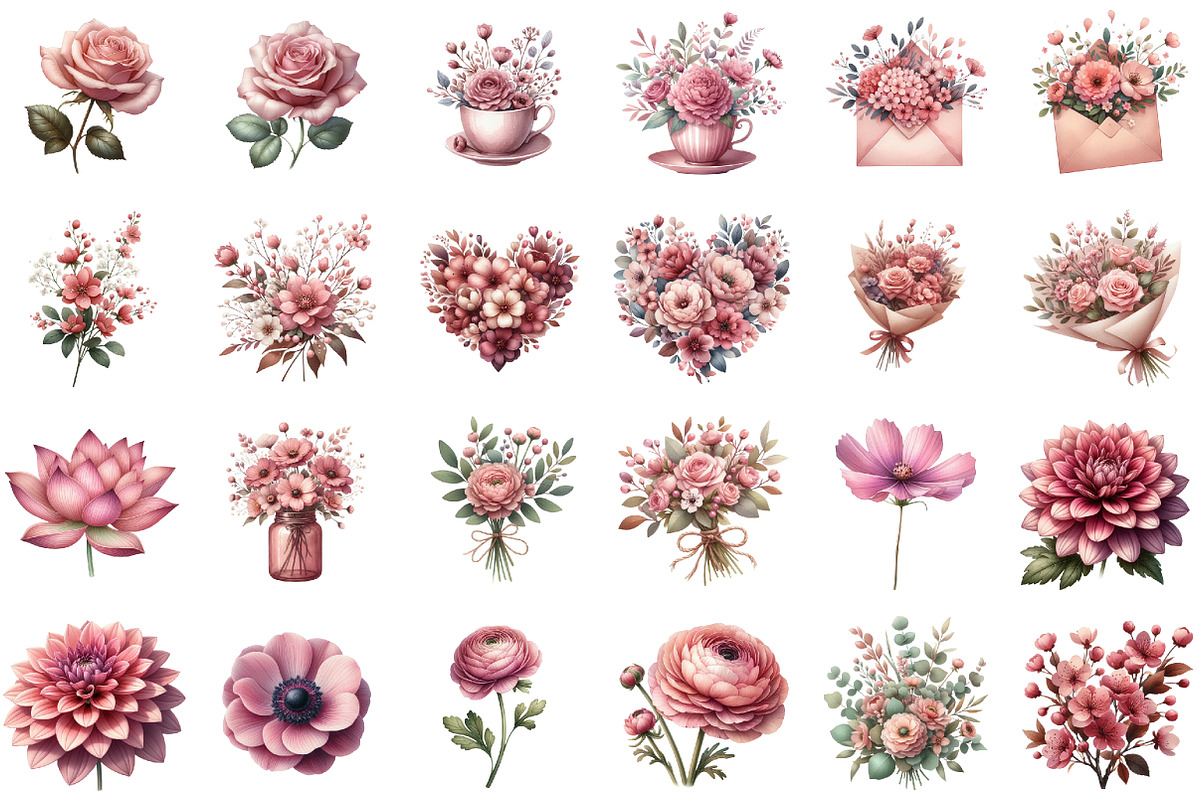 Dusty Pink Flowers Clipart Watercolo, an Illustration by Sublimation Artist (Photo 2 of 6)