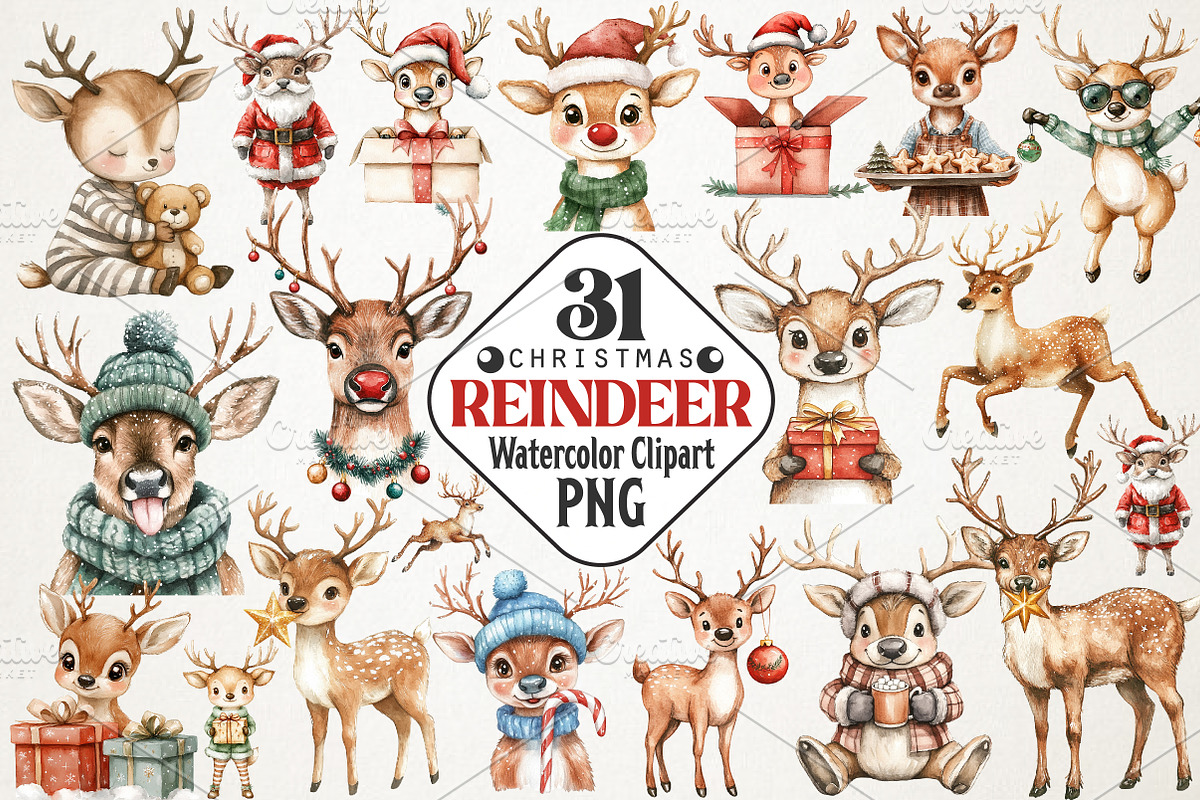 Christmas Reindeer Watercolor Clipar, an Illustration by RobertsArt (Photo 1 of 7)