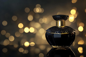 Elegant black perfume bottle with go, a Photo by Tanuart