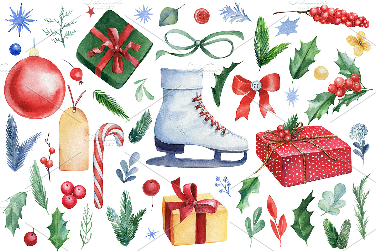 Christmas watercolor clipart, a Decorative Illustration by Hanna Hryharenka (Photo 15 of 19)