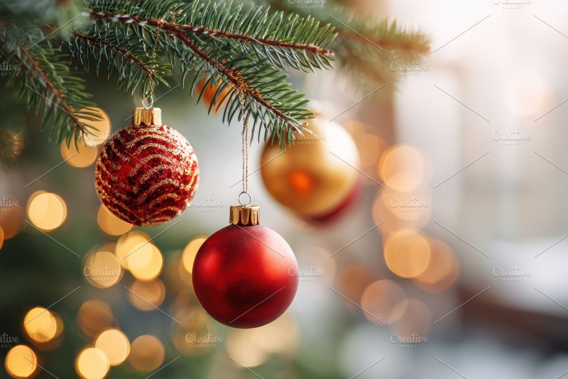 Christmas ornaments hanging on green fir tree, a Holiday Photo by AlyaAnd