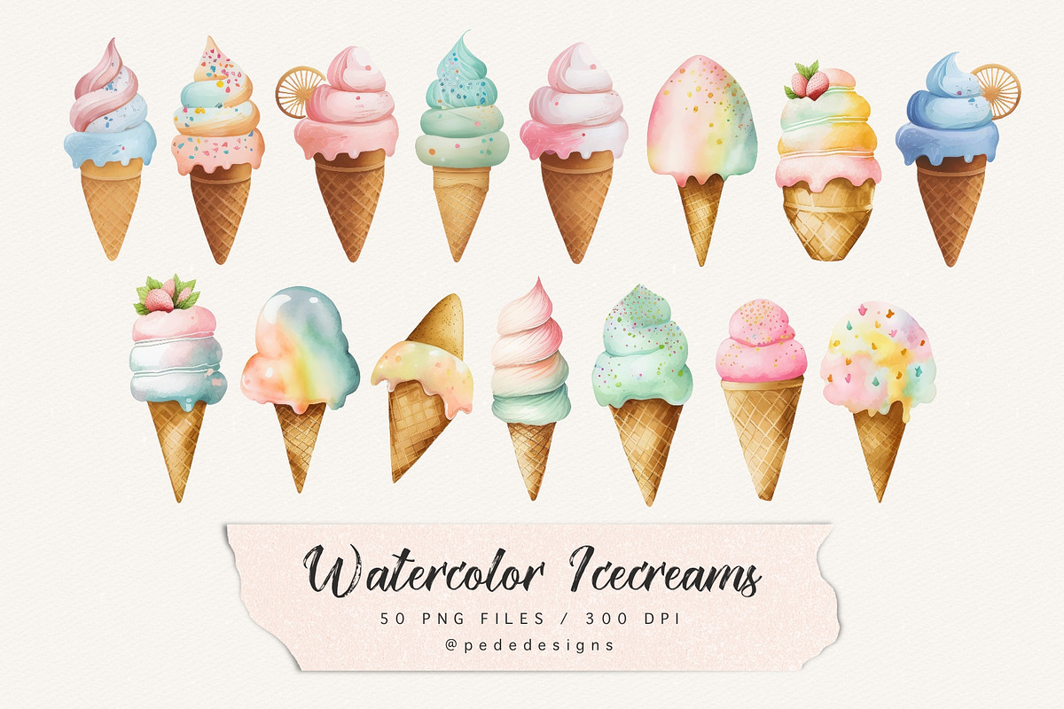 Watercolor Ice Creams, a Food Illustration by PeDe Designs (Photo 3 of 4)