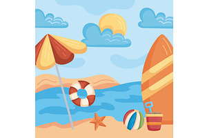 umbrella and surfboard beach, an Illustration by studiogstock