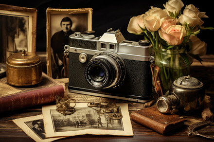 A camera and some pictures placed on, a Photo by Iftikhar Alam