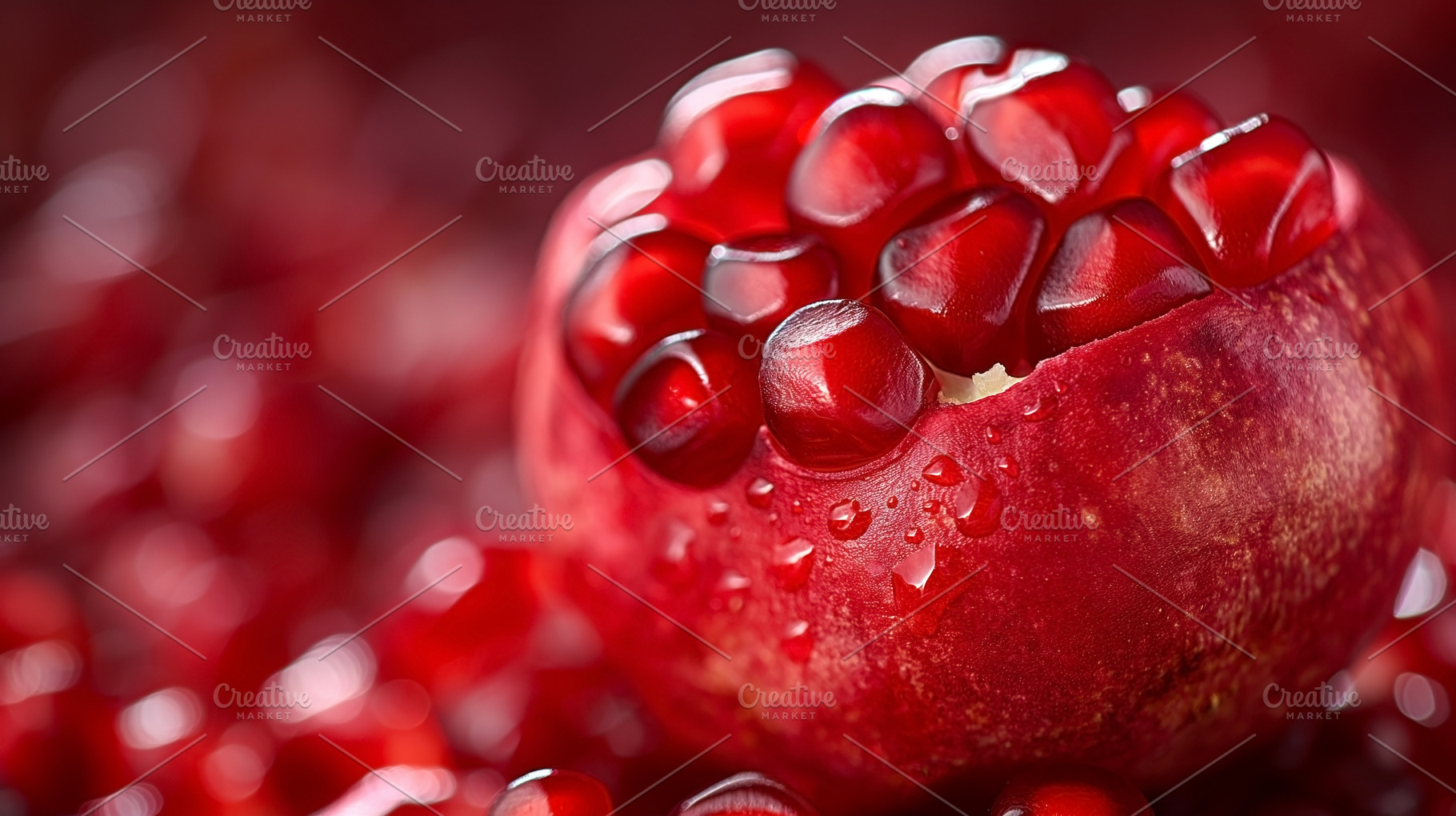 Close-up of a fresh, cut pomegranate revealing juicy seeds again, a Food & Drink Photo by ImageMir