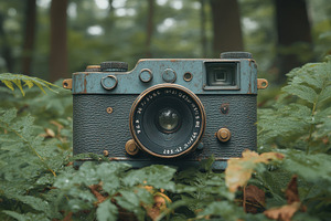 Vintage camera resting among lush gr, a Photo by Tanuart