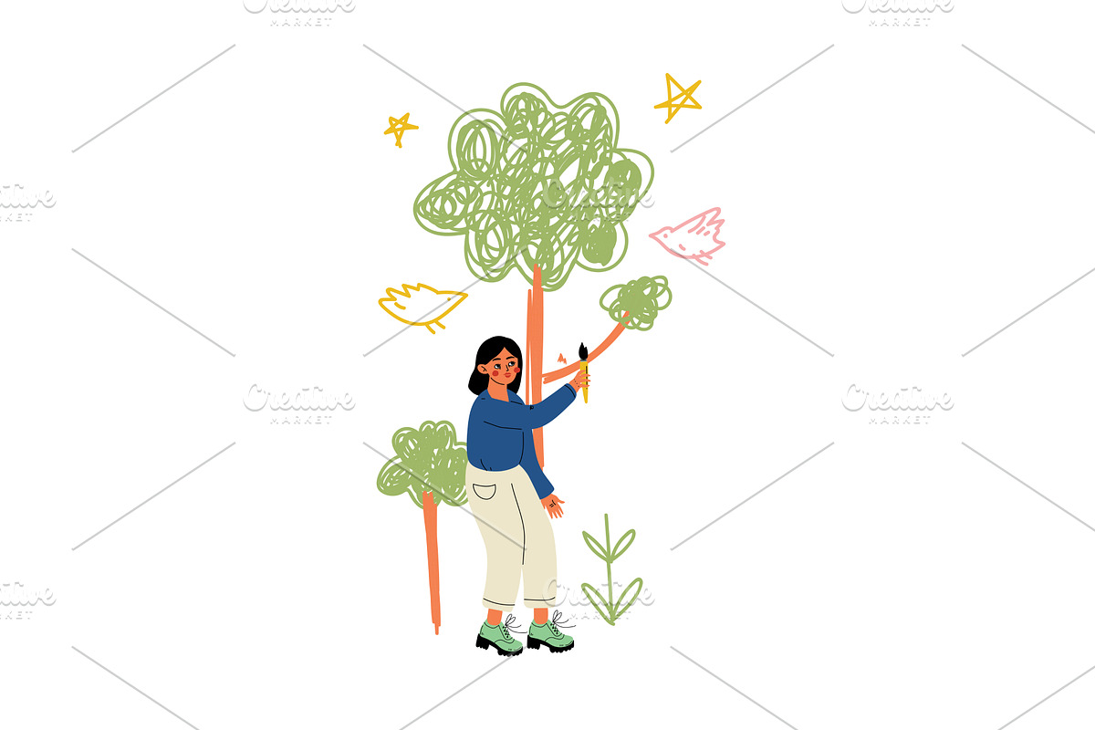 Cute Girl Painting Trees on Wall, a Person Illustration by TopVectors