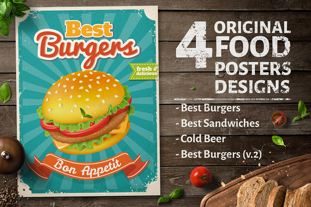 4 Original Food Poster Designs, a Flyer Template by Giraffarte (Photo 1 of 5)
