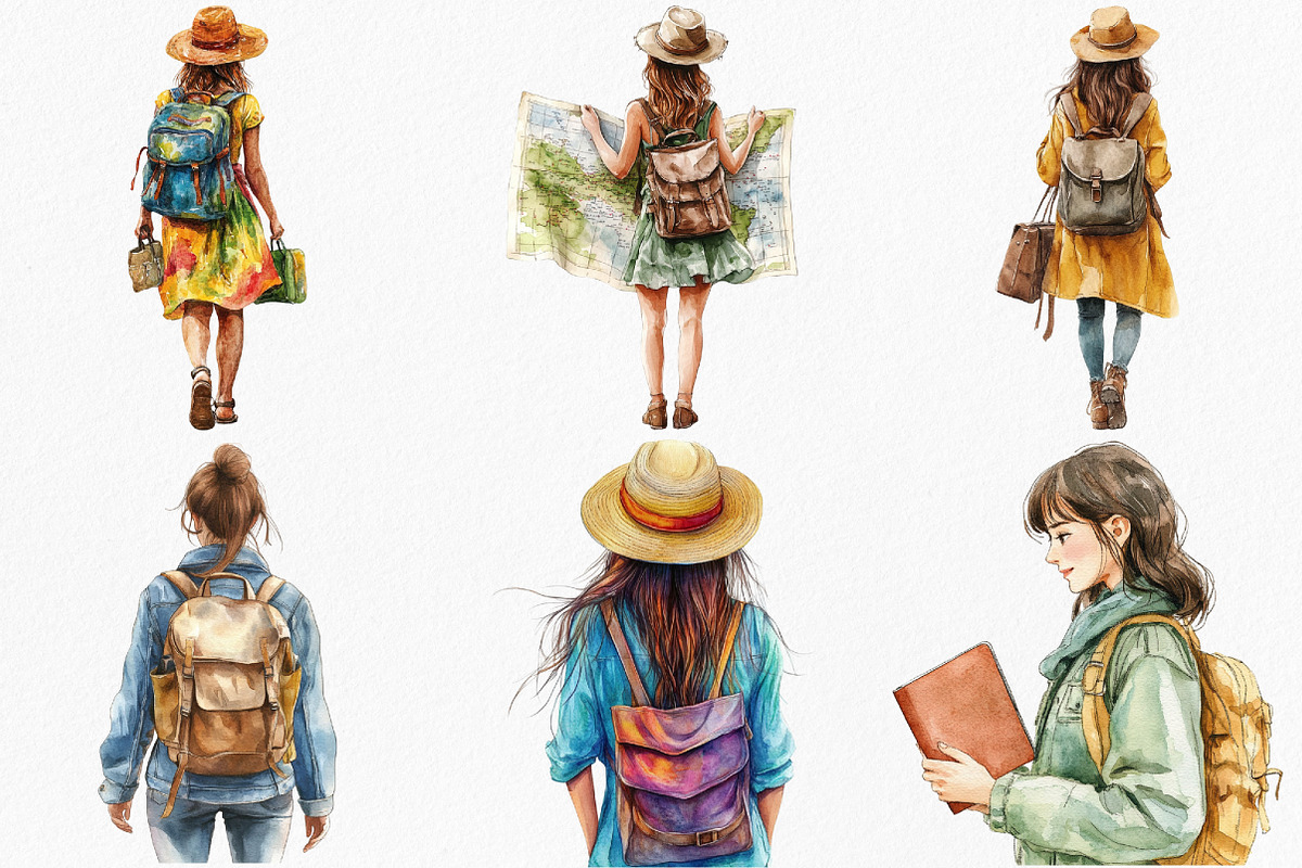 Watercolor Traveler Girl Clipart, an Illustration by Canvas Craft (Photo 2 of 8)