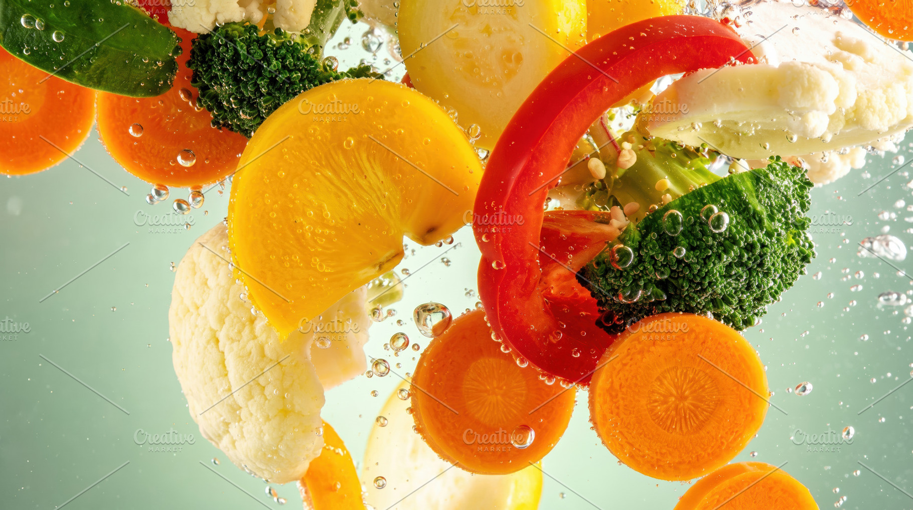 Fresh Vegetables Floating in Sparkling Water, a Food & Drink Photo by Davizro's Market