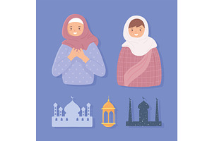 set muslim women and temple, a Person Illustration by studiogstock