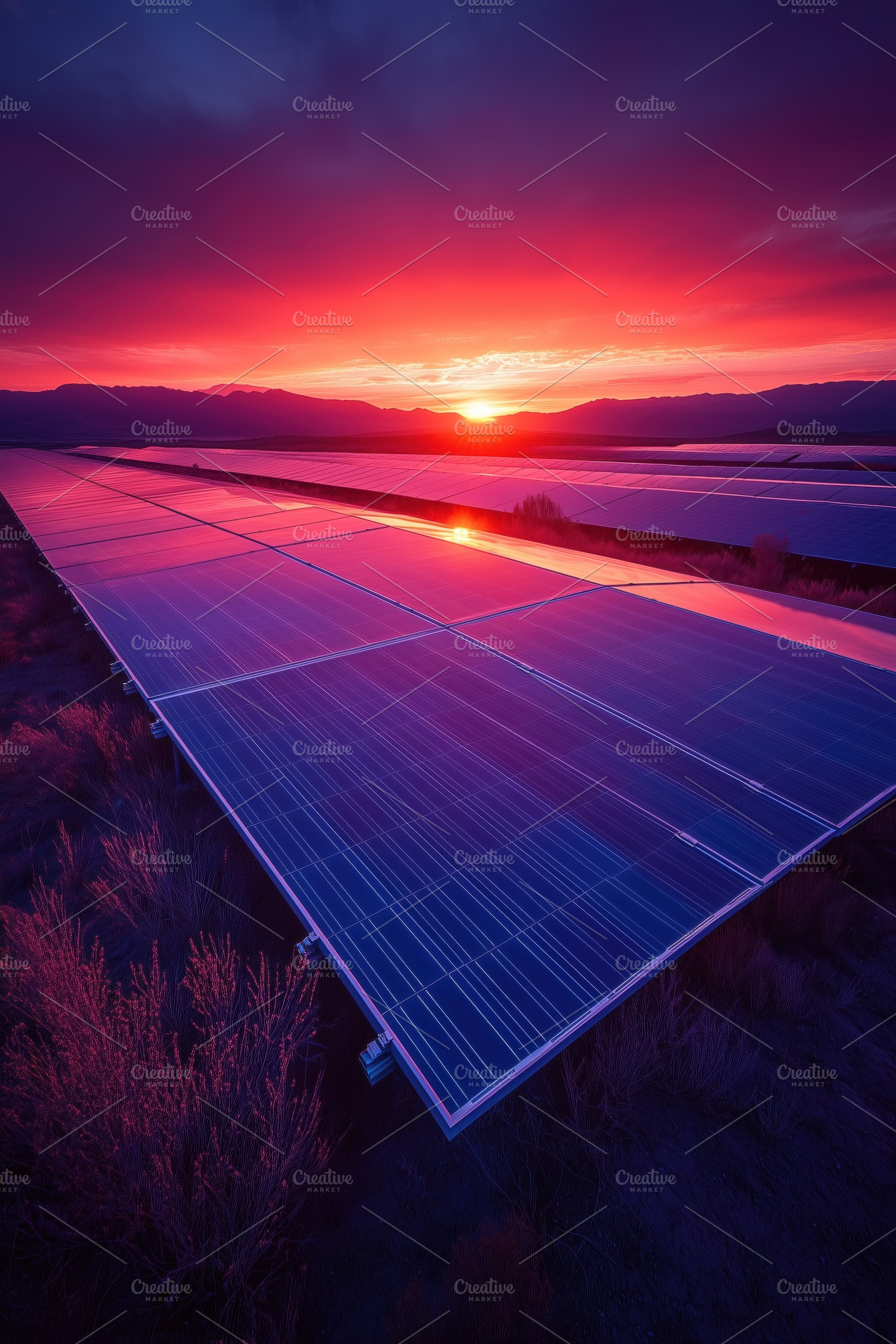 A stunning sunset over a solar farm, with rows of solar panels reflecting vibra, a Technology Photo by Textures & Backgrounds