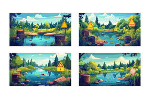 Cartoon dirty swamp with pollution, an Illustration by Stock-Smart-Start