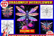 Dragonfly With Flower Coloring V 01, an Animal Illustration by Coco Bloom (Thumbnail 1 of 4)