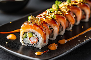 Row of sushi rolls topped with fresh, a Food & Drink Photo by MistyDay