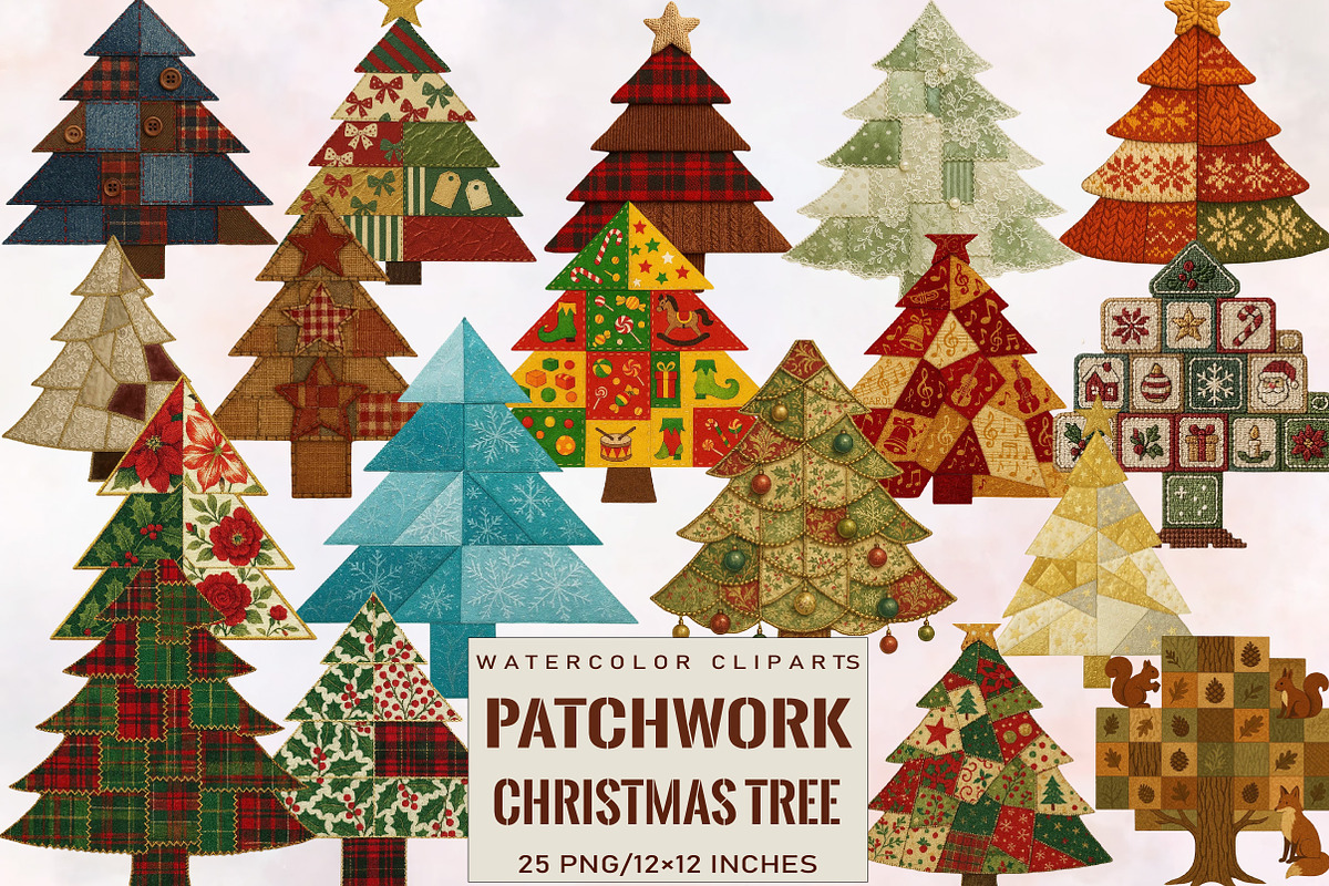 atchwork Christmas Tree Clipart Bund, an Illustration by SVGArt (Photo 1 of 8)