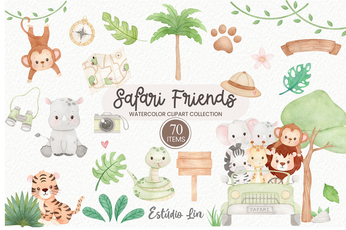 Safari Friends Watercolor Clipart, an Illustration by Estúdio Lin (Photo 1 of 6)