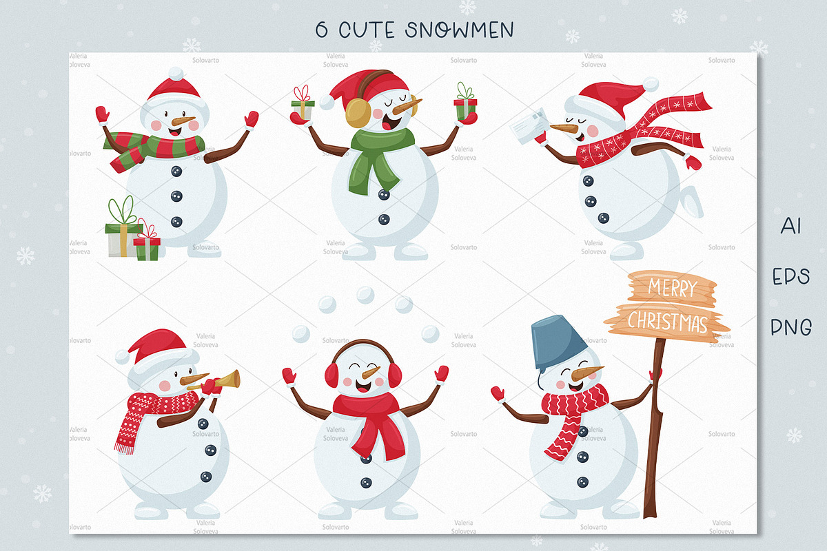 Christmas snowmen & cards, a Seasonal Illustration by Valeria Soloveva (Photo 2 of 6)
