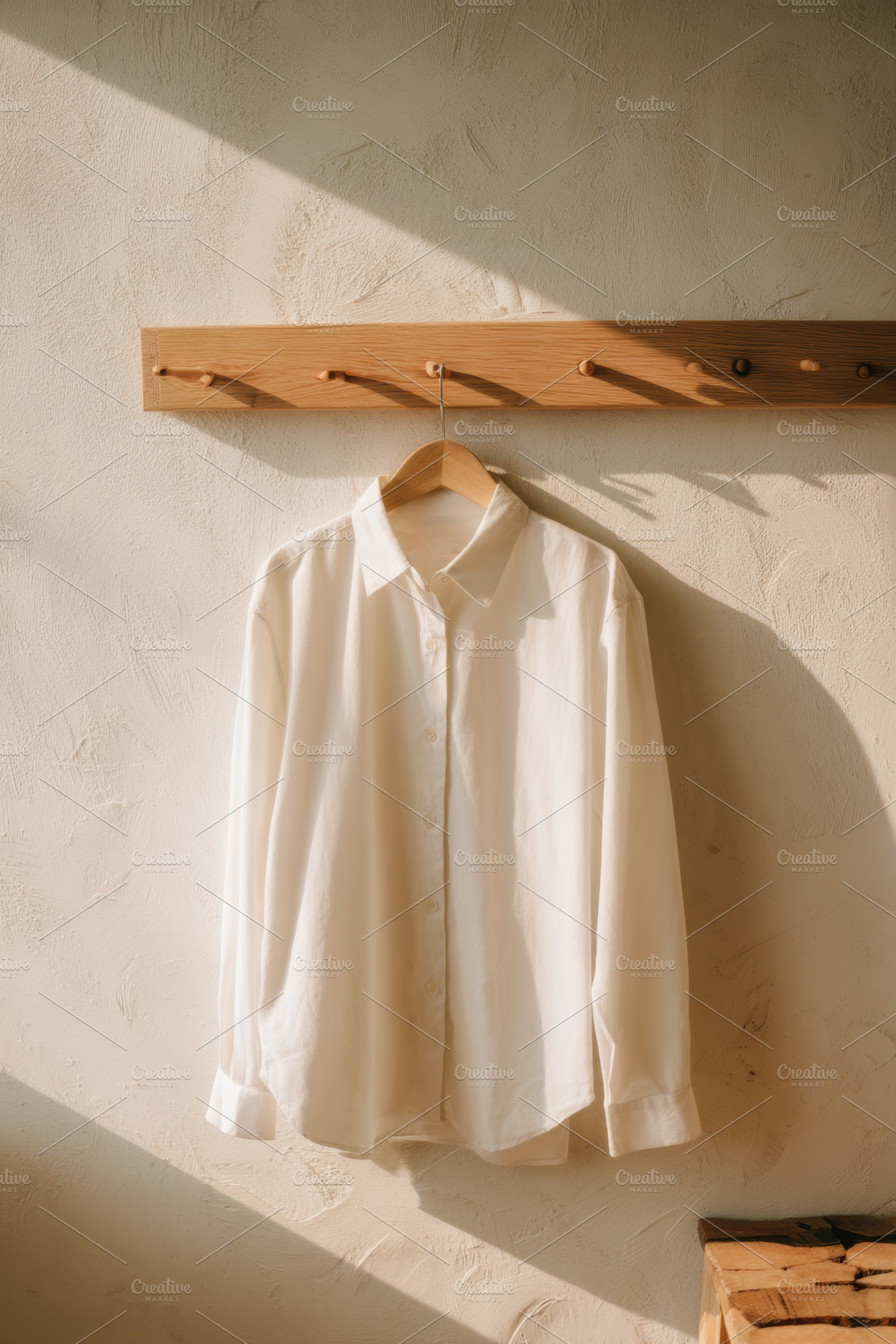 Cotton shirt hanging on peg rail, a Beauty & Fashion Photo by Virgo Studio
