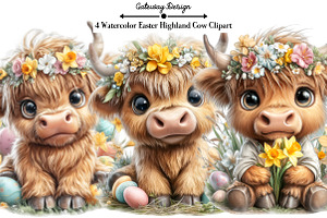 Watercolor Easter Highland Cow Clipa, an Animal Illustration by GatewayDesign