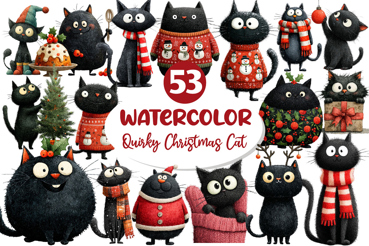 Quirky Christmas Black Cat Clipart, an Illustration by Dream Creation (Photo 1 of 6)