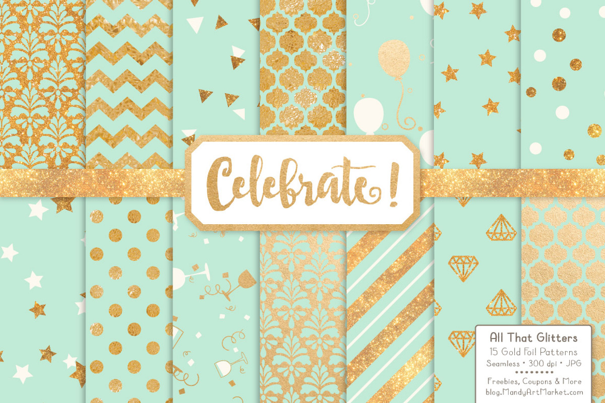 Gold Foil Digital Papers in Mint, a Pattern Graphic by Amanda Ilkov (Photo 1 of 4)