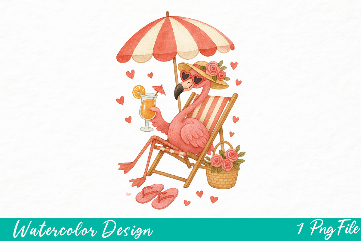 Summer Flamingo PNG Sublimation, an Illustration by Watercolor design (Photo 1 of 3)