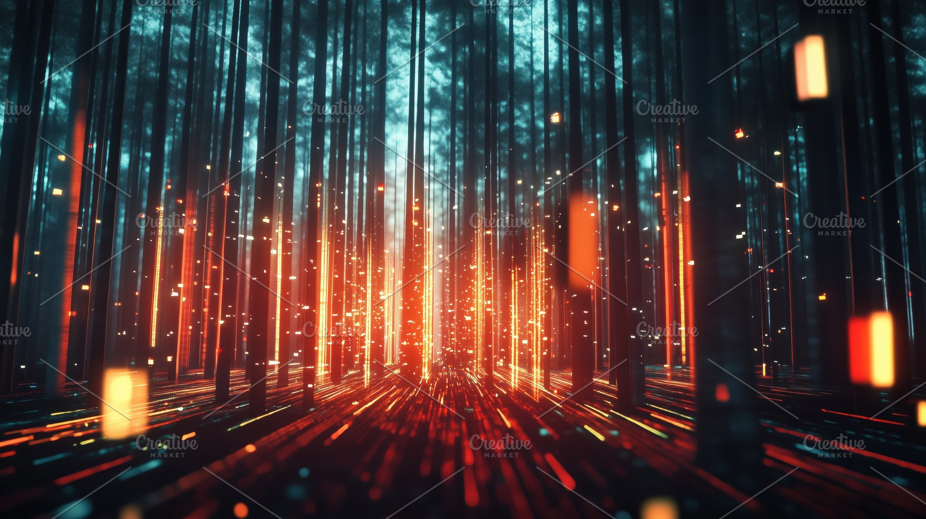A surreal digital forest scene with glowing vertical lines and particles, creat, a Photo by Textures & Backgrounds