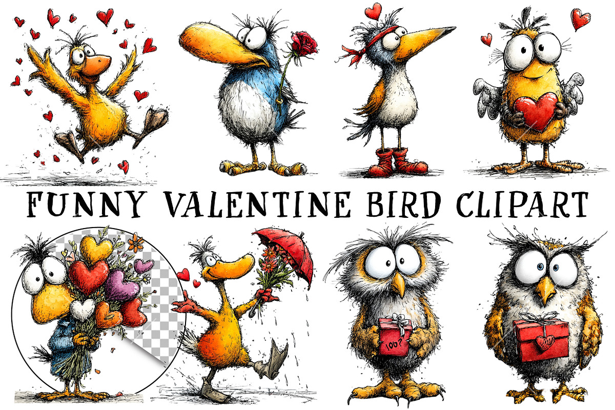 Funny Valentine Bird Clipart, an Illustration by OK Design (Photo 2 of 6)