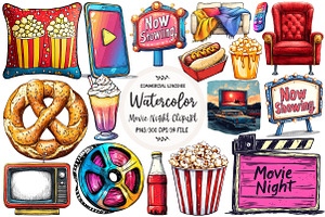 Watercolor Movie Night Clipart, an Illustration by OK Design