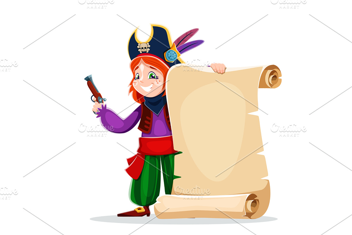 Cartoon kid girl pirate with scroll, a Person Illustration by Vector Tradition