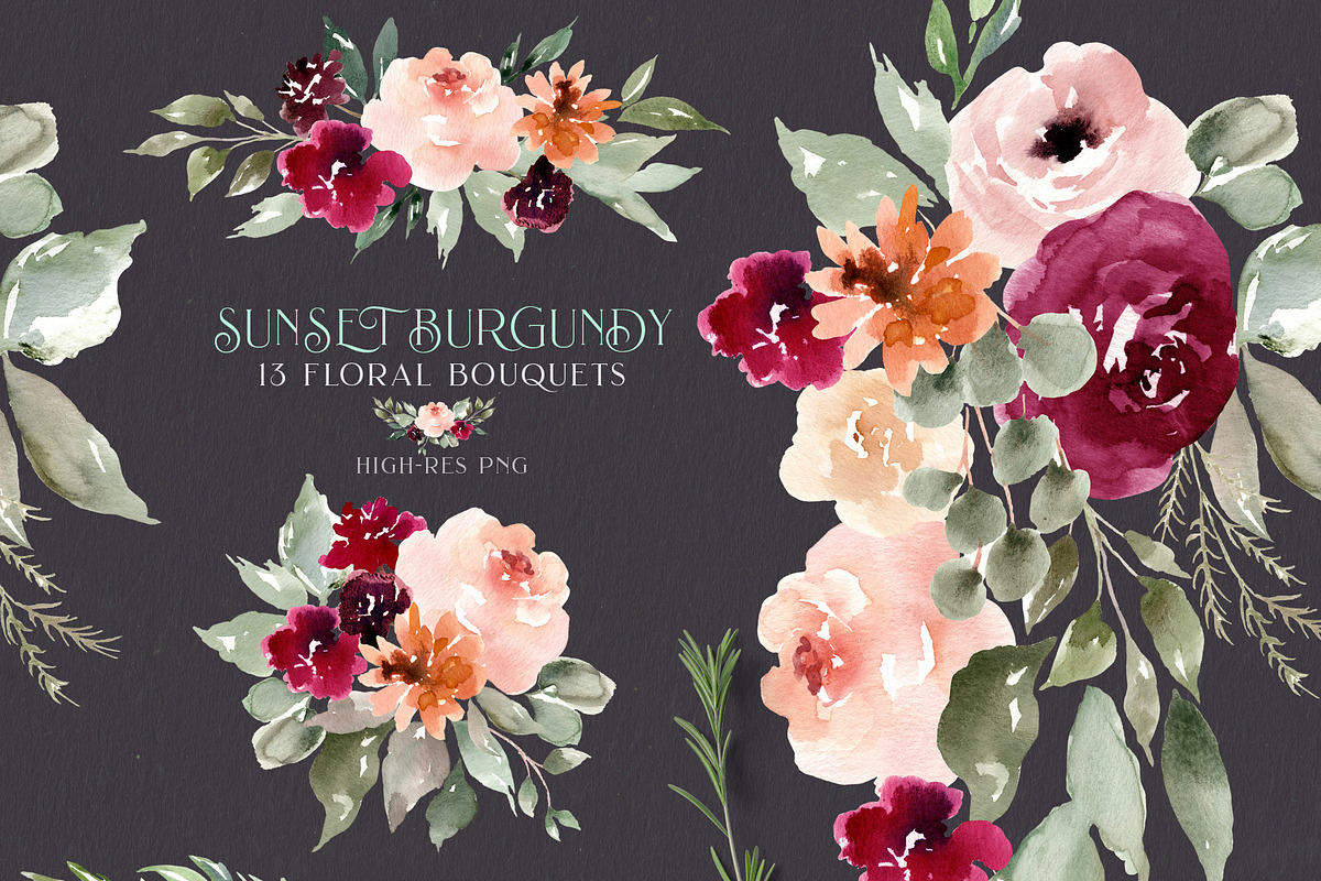 Sunset Burgundy Floral Set, an Illustration by Kim Thoa Designs (Photo 3 of 8)