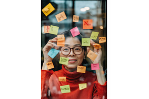 Asian woman organizing colorful, a Business Photo by Sergey Kotenev
