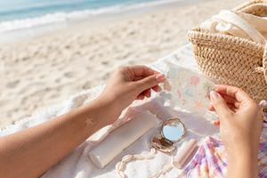 Beach scene with temporary suntan ta, a Photo by Dvoevnore photos