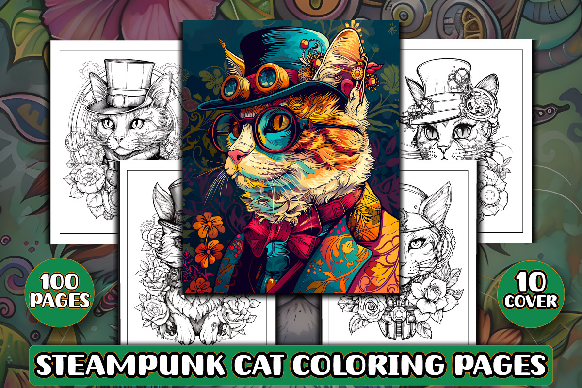 Steampunk Cat Coloring Pages, an Object Graphic by protabsorkar11