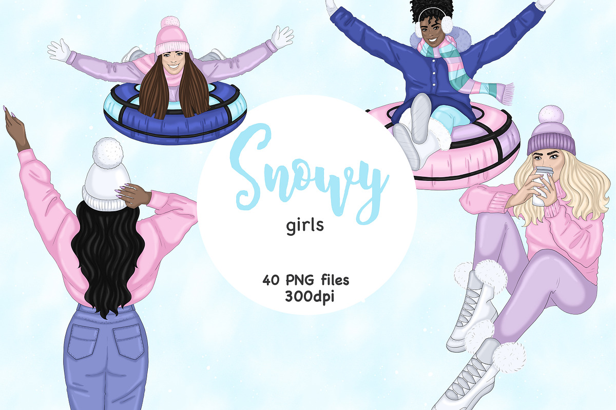 Snowy Girls Clipart, a Seasonal Illustration by GlamArtZhanna (Photo 1 of 4)