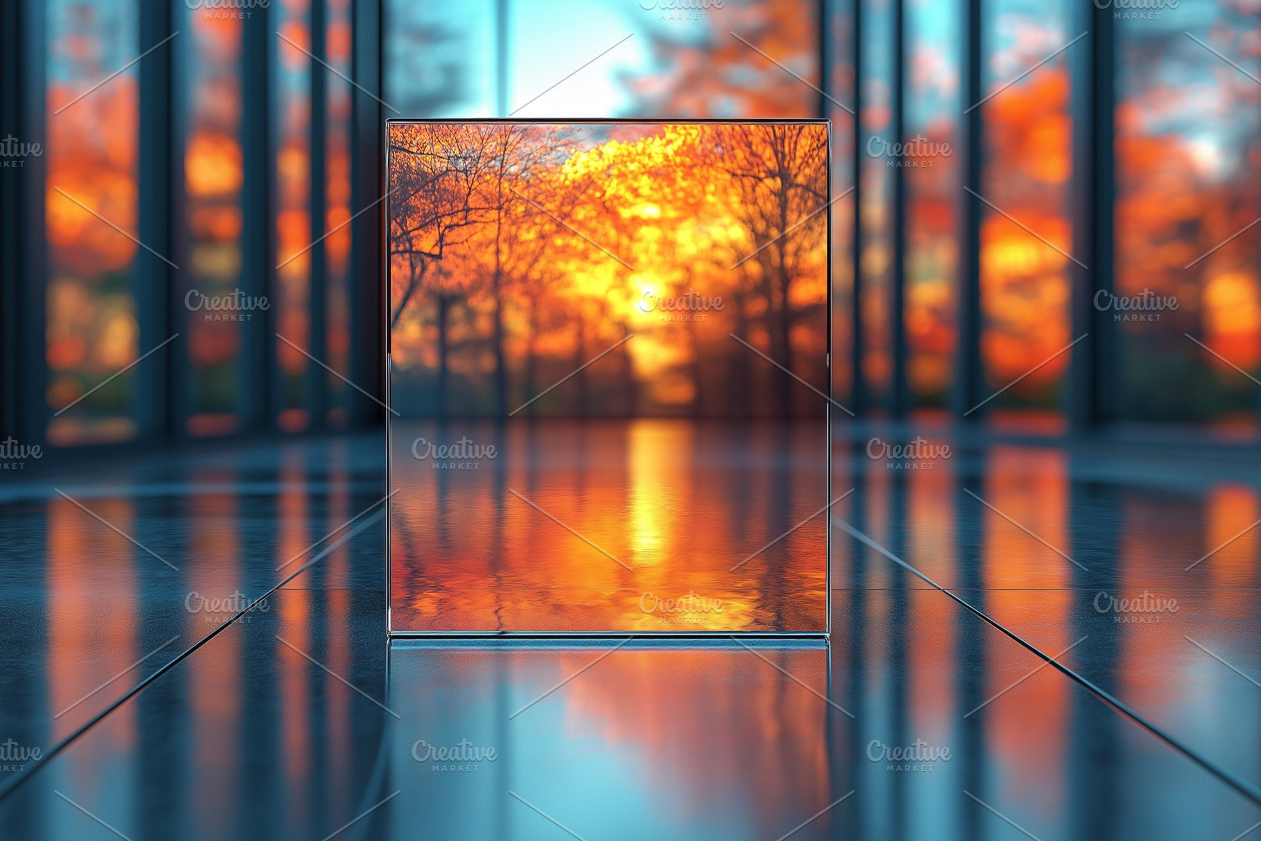 A serene view of vibrant autumn foliage reflected in a glass panel, creating a, a Background Photo by ImageMir