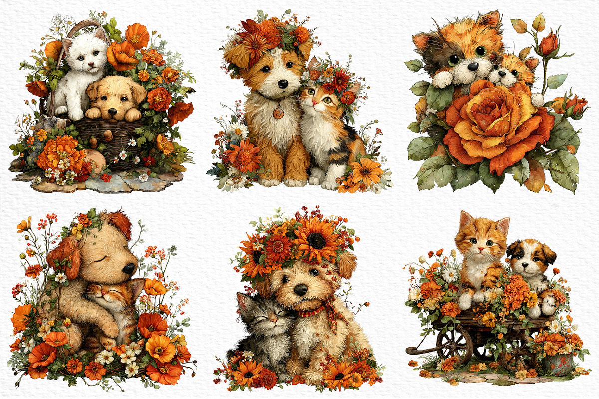 Whimsical Dog Cat Flower Clipart PNG, a Seasonal Illustration by Craft Nest (Photo 5 of 12)