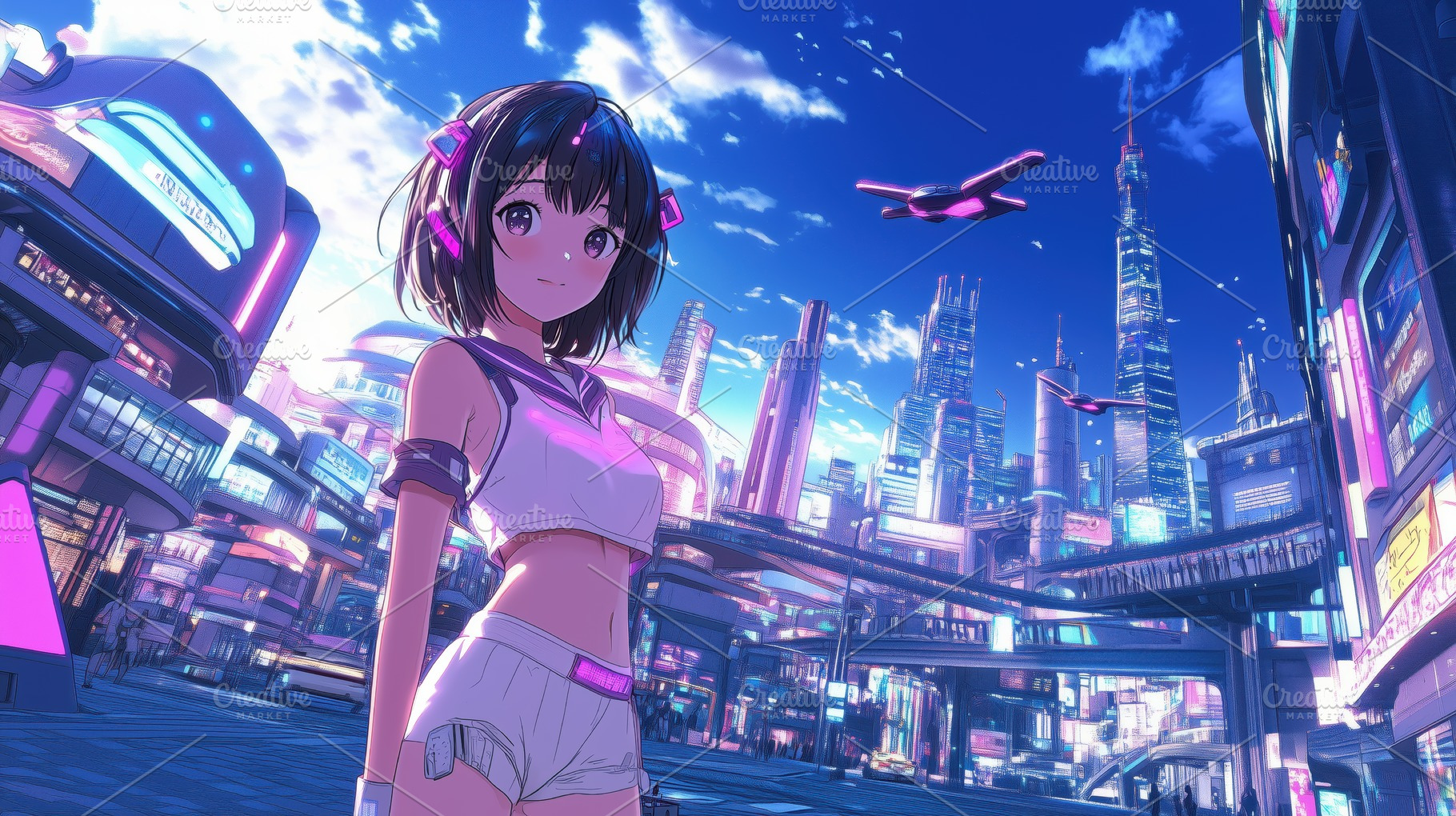 A vibrant anime-style illustration featuring a young girl in a futuristic citys, an Arts & Entertainment Photo by Textures & Backgrounds