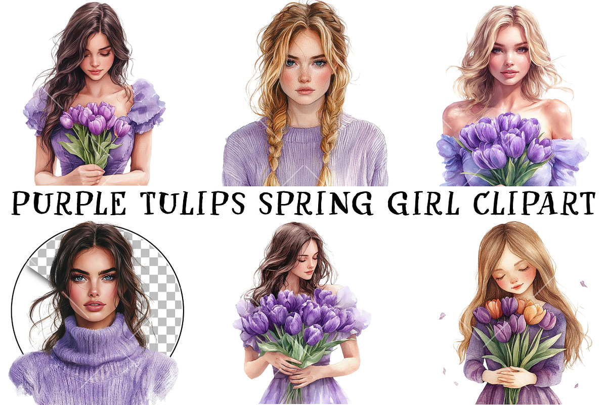 Purple Tulips Spring Girl Clipart, an Illustration by OK Design (Photo 2 of 6)