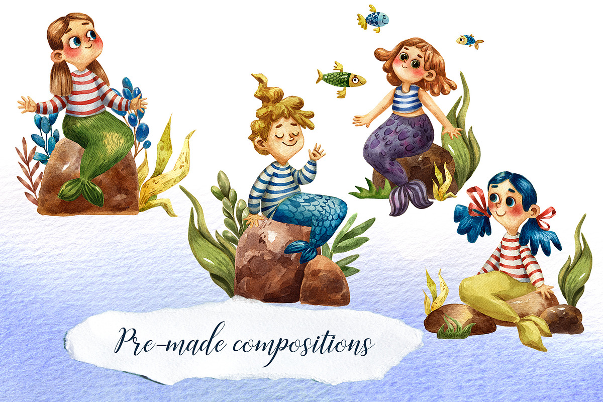 Mermaids - Watercolor Clip Art Set, an Illustration by Mashamashastu (Photo 4 of 9)