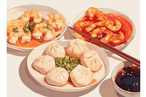 Table with plates with various, a Food Illustration by LadadikArt