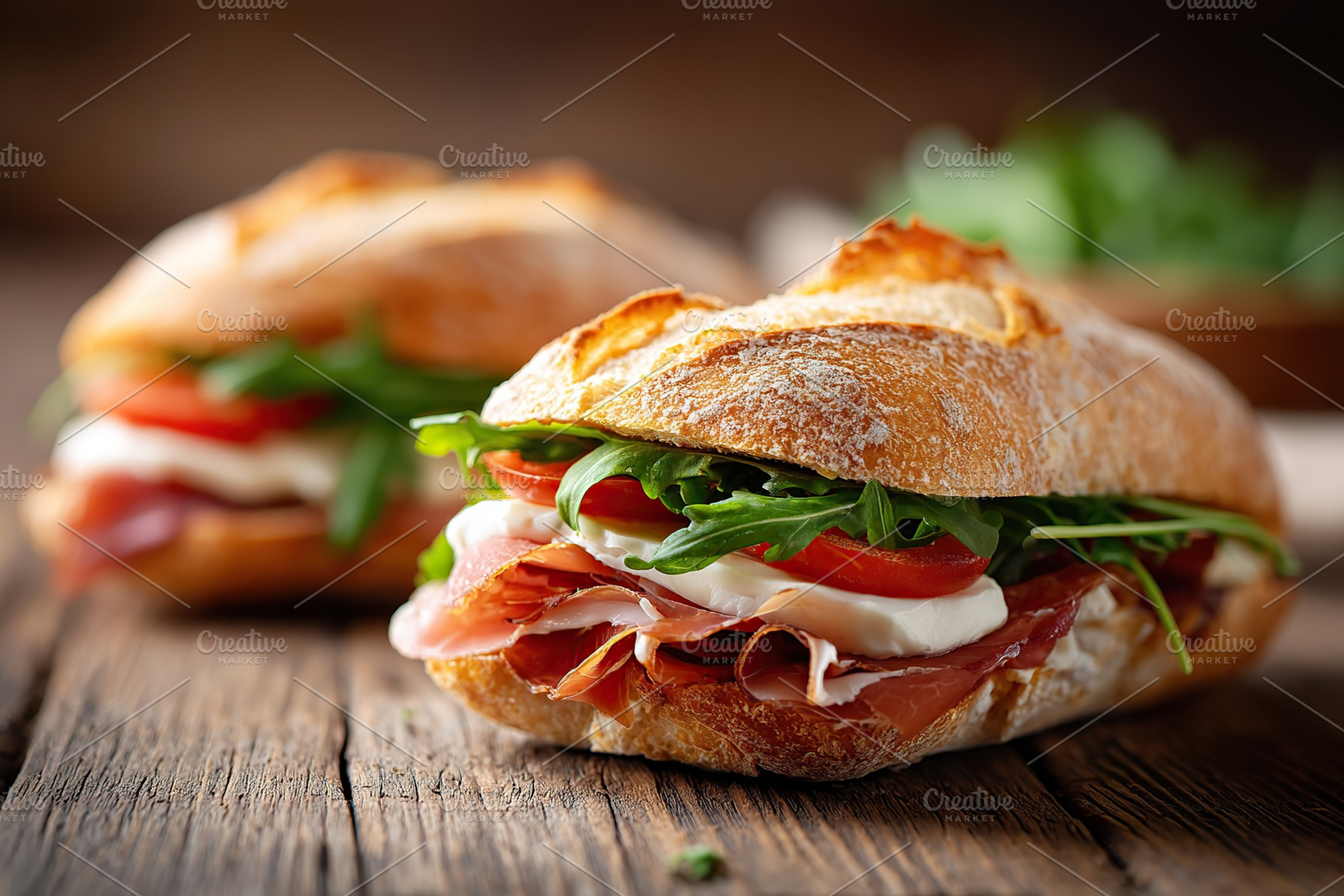 Layers of ciabatta rolls filled with ham, arugula, and fresh tomatoes on rustic, a Food & Drink Photo by AlyaAnd