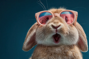 Cute bunny rabbit wearing pink sungl, a Photo by Pixeness Studio