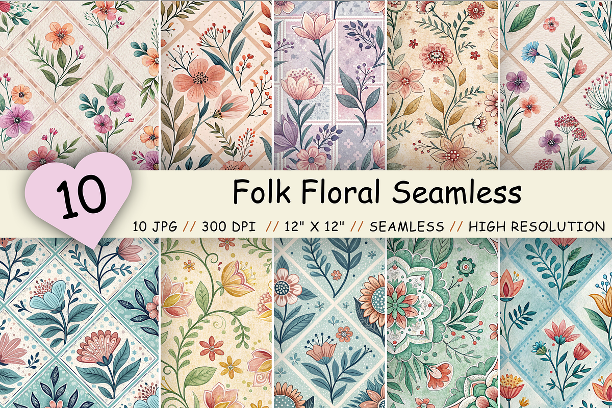 Folk Floral Seamless Patterns Bundle, a Pattern Graphic by FloridPrintables (Photo 1 of 6)