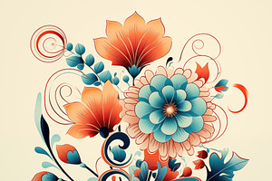 A Vibrant Floral Art Deco Illustration Featuring Stylized Flowers In Shades Of