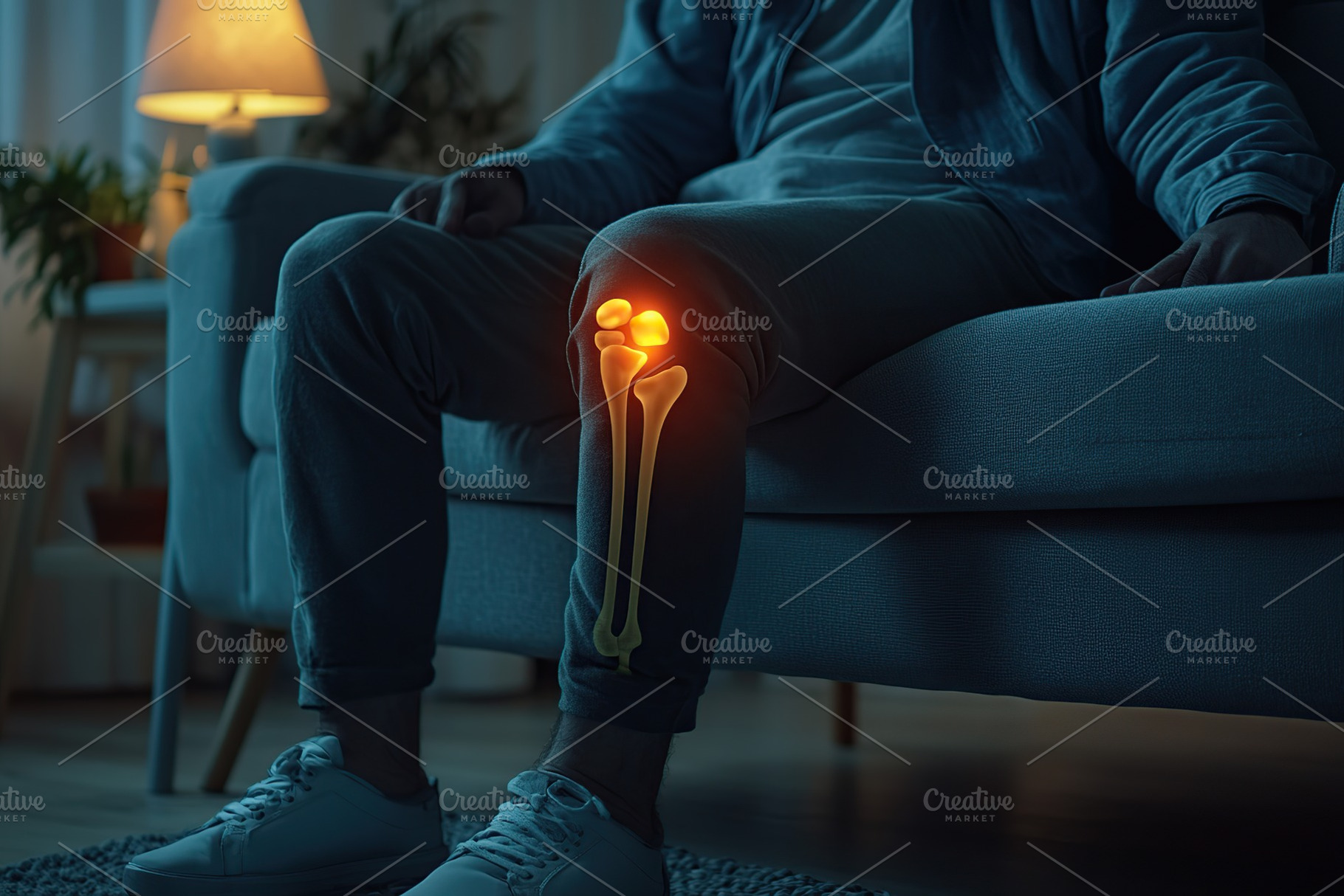 Man with glowing knee pain, a Health & Medical Photo by AlyaAnd