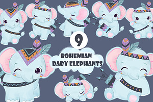 Bohemian Baby Elephants Clipart Set